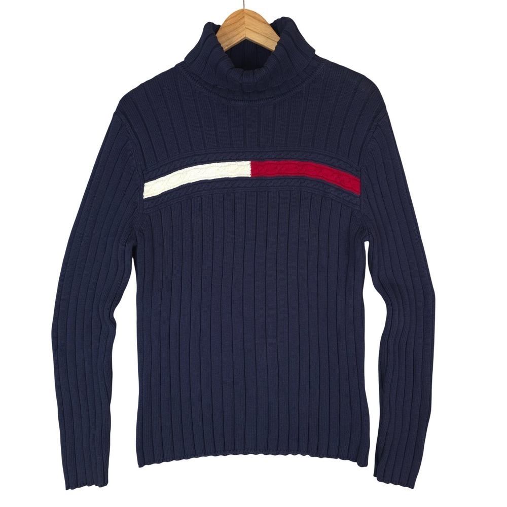 Vtg 2004 Tommy Hilfiger Sweater Womens‎ XL Cable Stripe Turtleneck Cotton Y2K